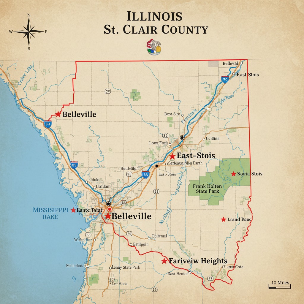 A map of St. Clair County, Illinois, showing major cities, highways, and the Mississippi River.